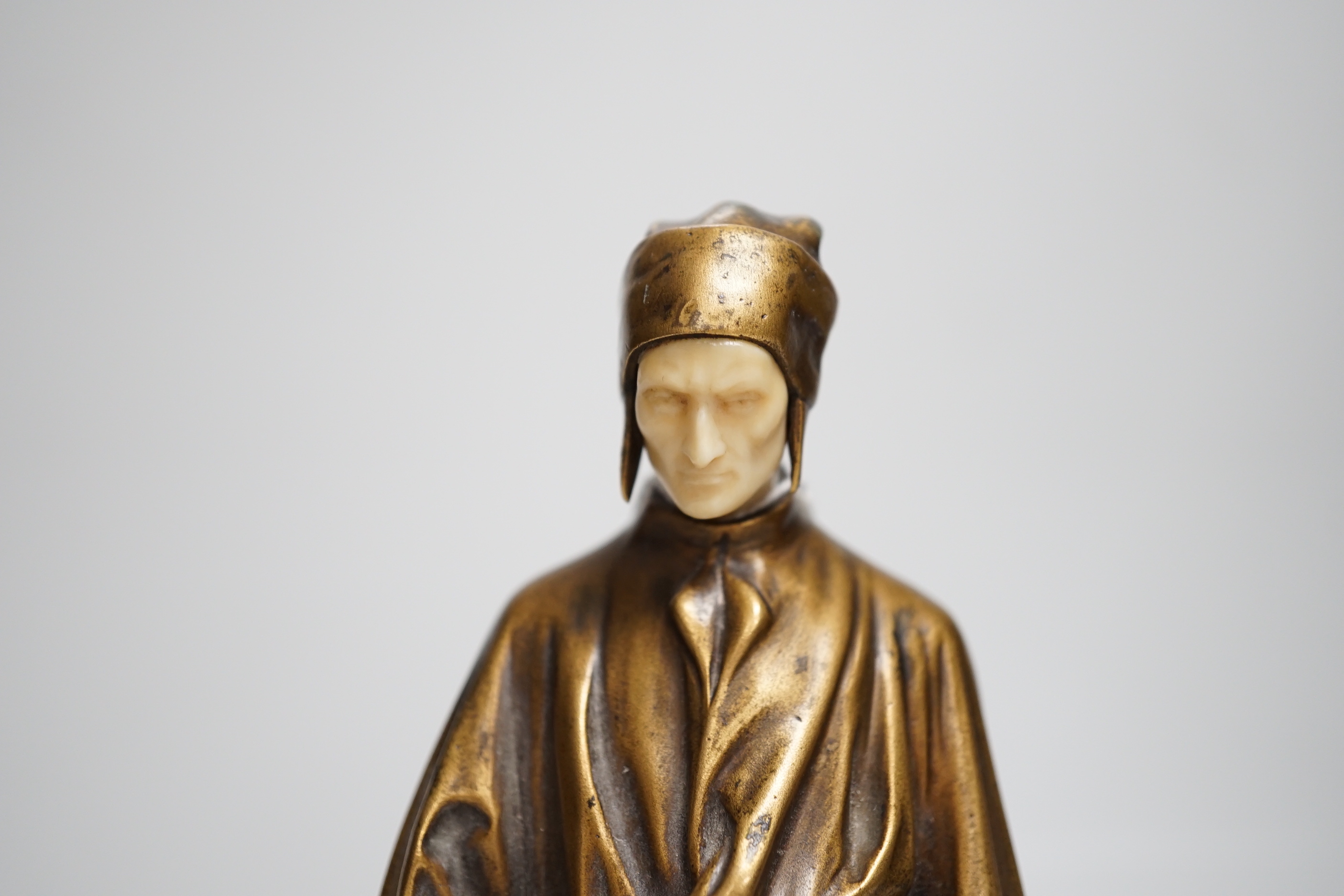 A. Faguelle. A bronze and ivory figure of Dante, c.1900, foundry Susse Frere Ed. Paris, 21cm high. Ivory submission reference W6JZW8QL